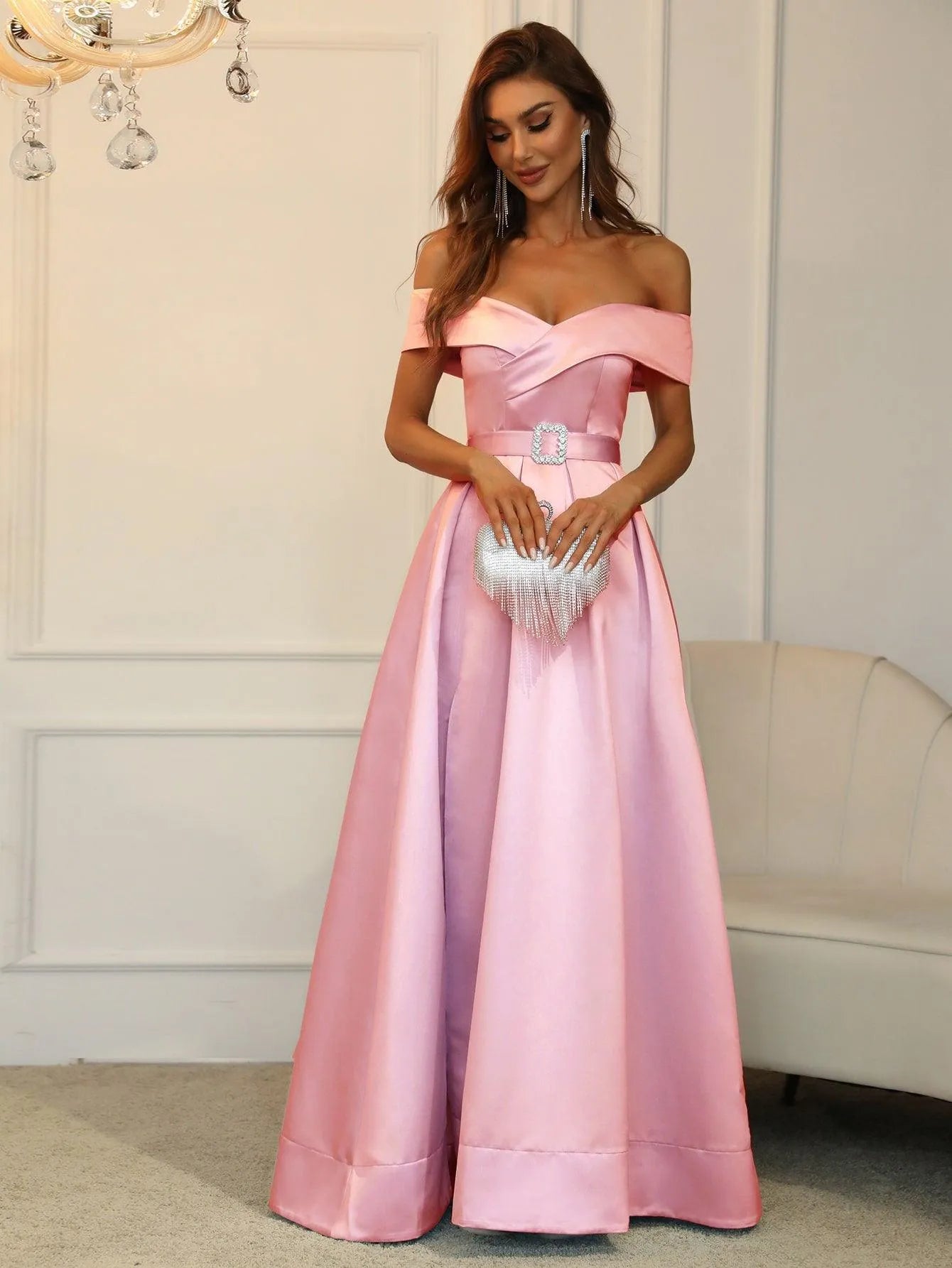 Off Shoulder Buckle Belted Satin Ball Gown