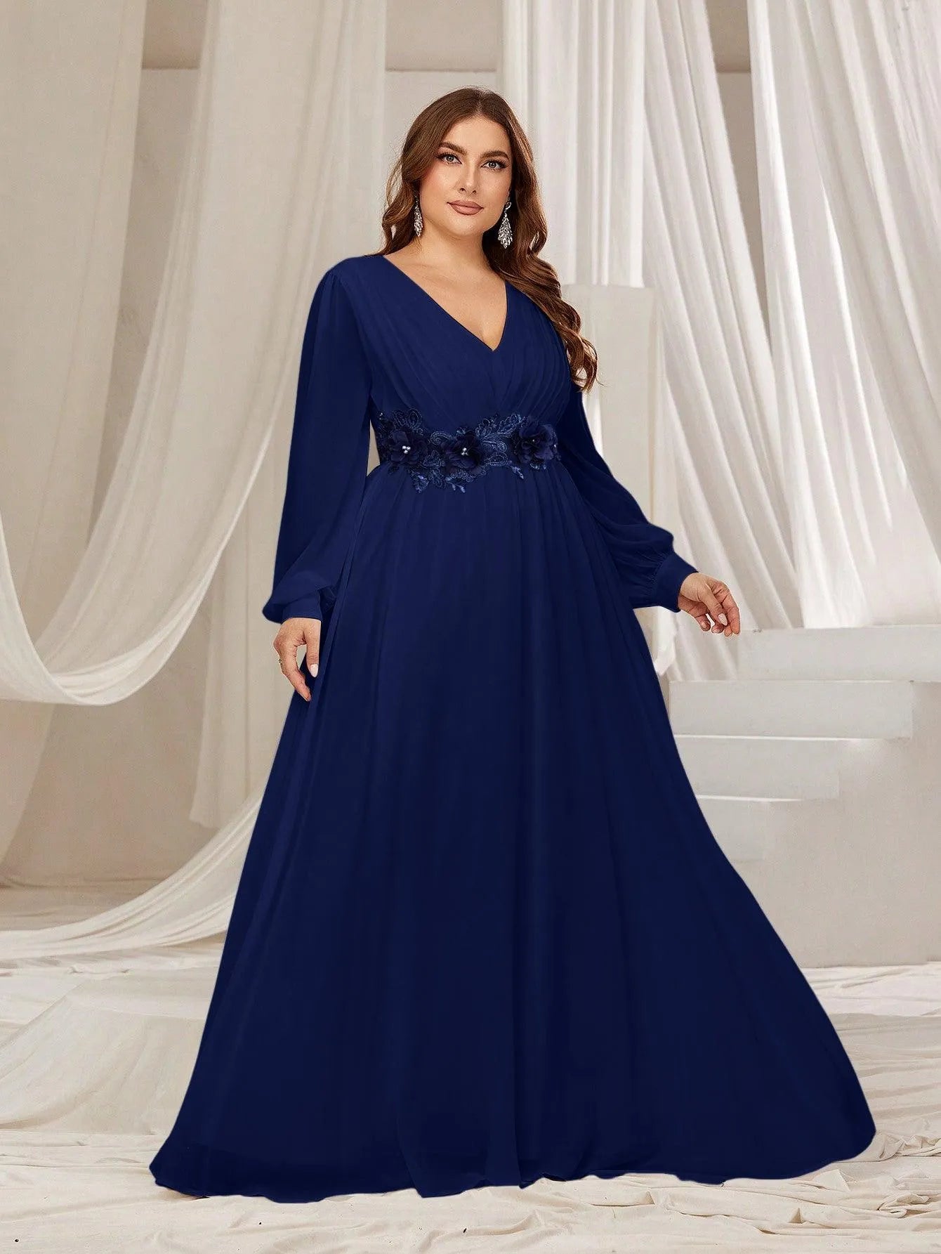 Plus Floral Applique Lantern Sleeves Chiffon Formal Dress