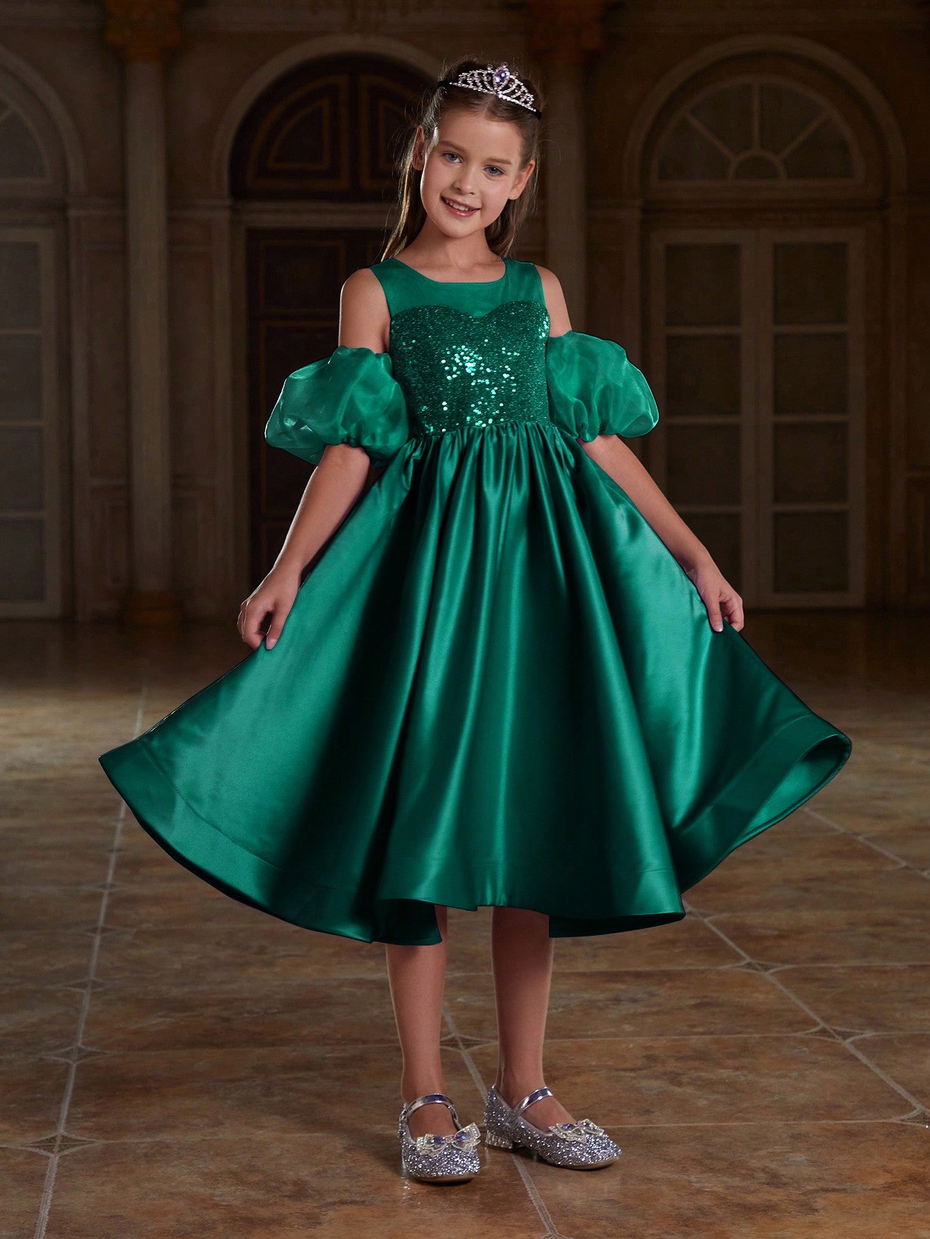 Girl's Puff Sleeve Sequin Contrast Satin Dress