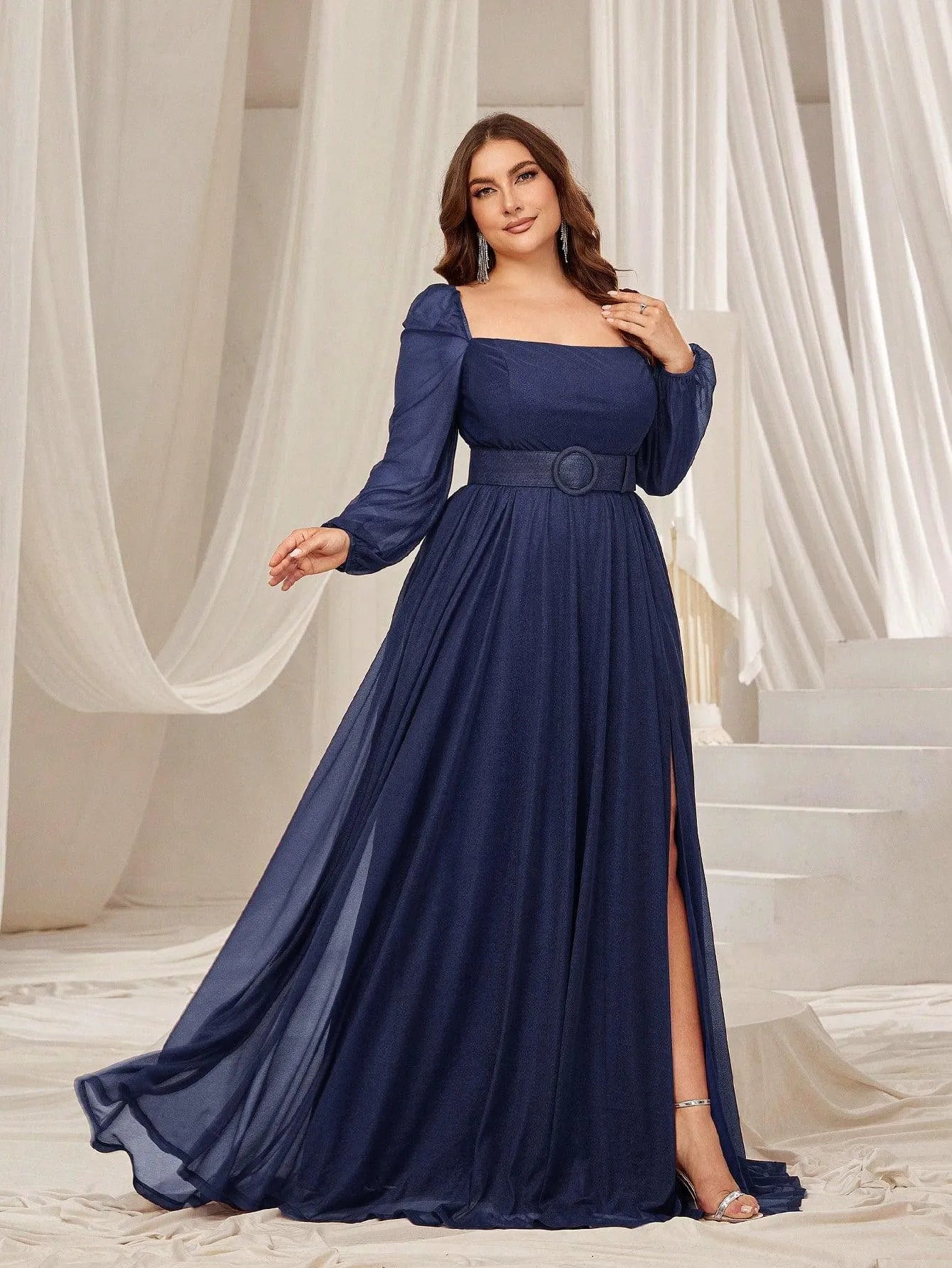 Plus Square Neck Lantern Sleeves Split Thigh Evening Dress