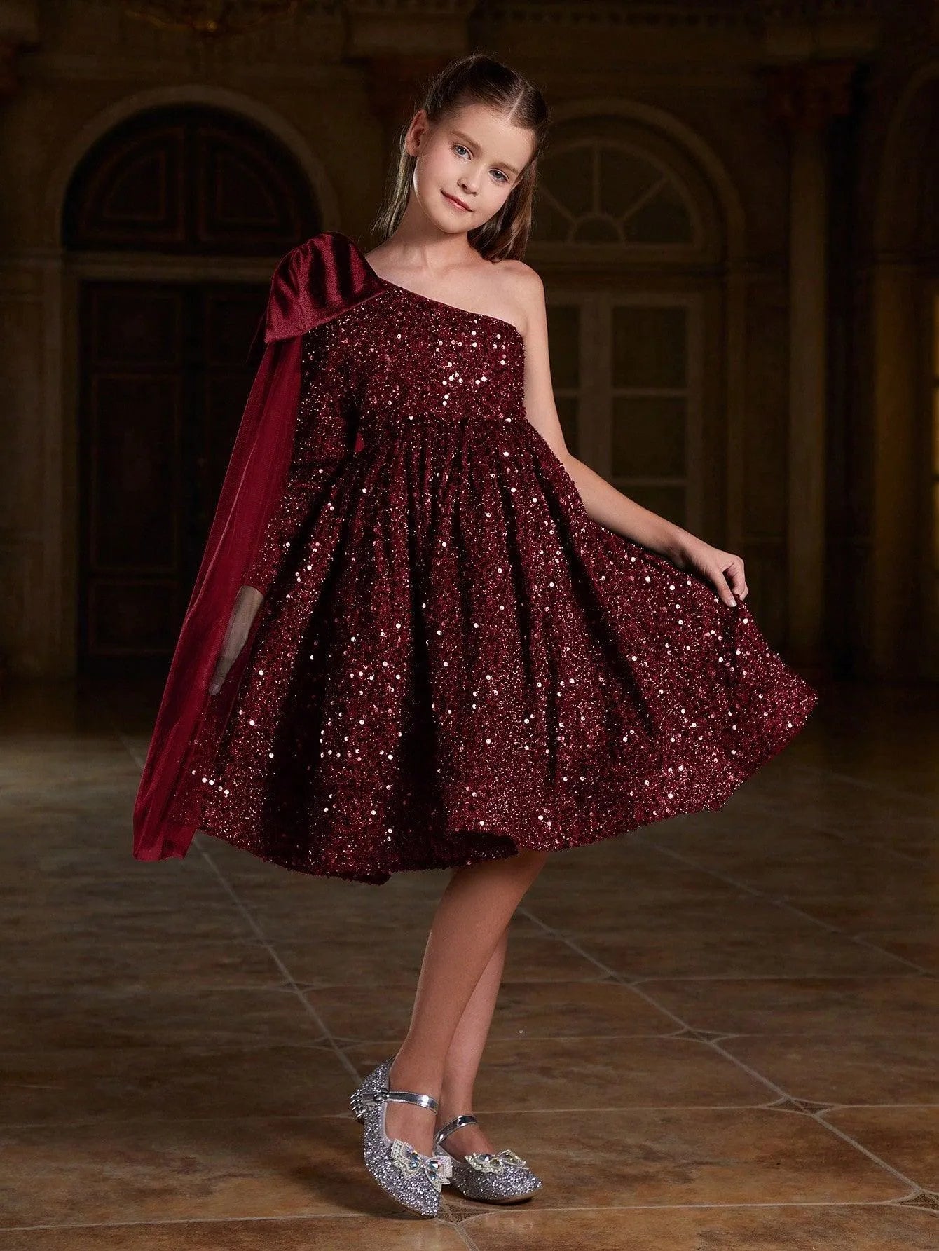 Tween Girls' One Shoulder Bow Detail Sequin Party Dress - Elonnashop