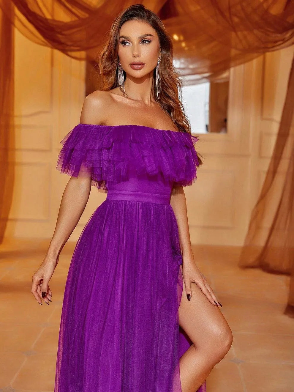 Off Shoulder Ruffle Trim Split Thigh A Line Dress - Elonnashop