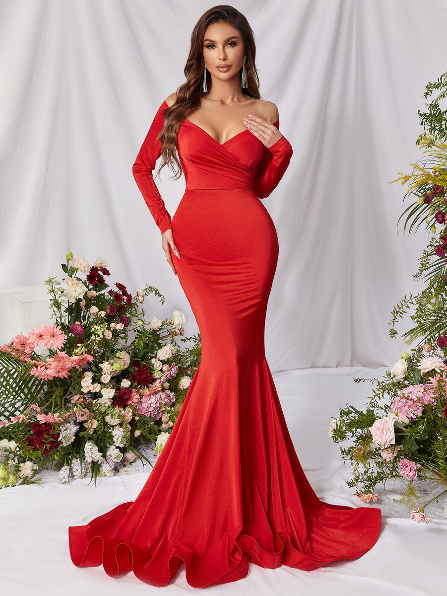 Off Shoulder Long Sleeve Satin Mermaid Dresses – Faeriesty