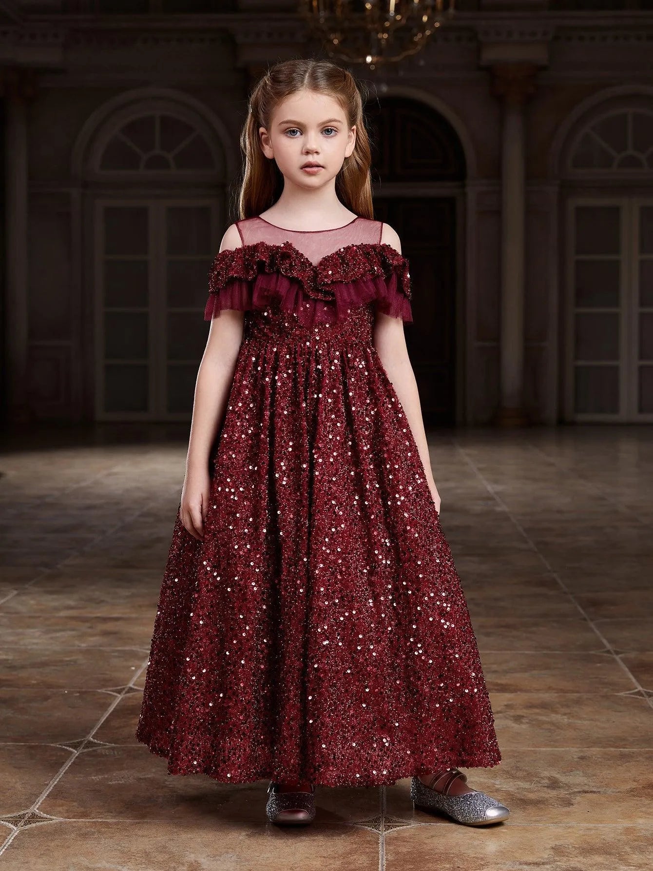 Tween Girls' Ruffle Trim Mesh Insert Sequin Prom Dress - Elonnashop