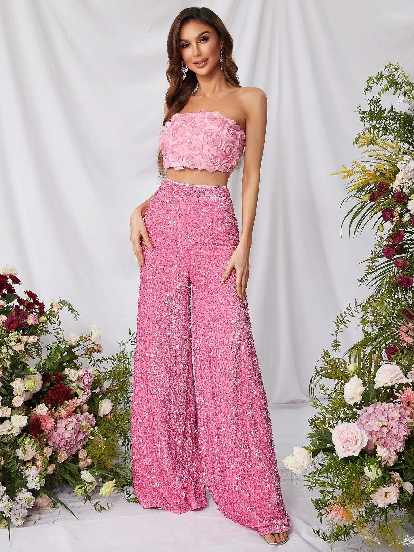 Fancy Two Piece Sequin Sets Top With 3D Flower - Elonnashop