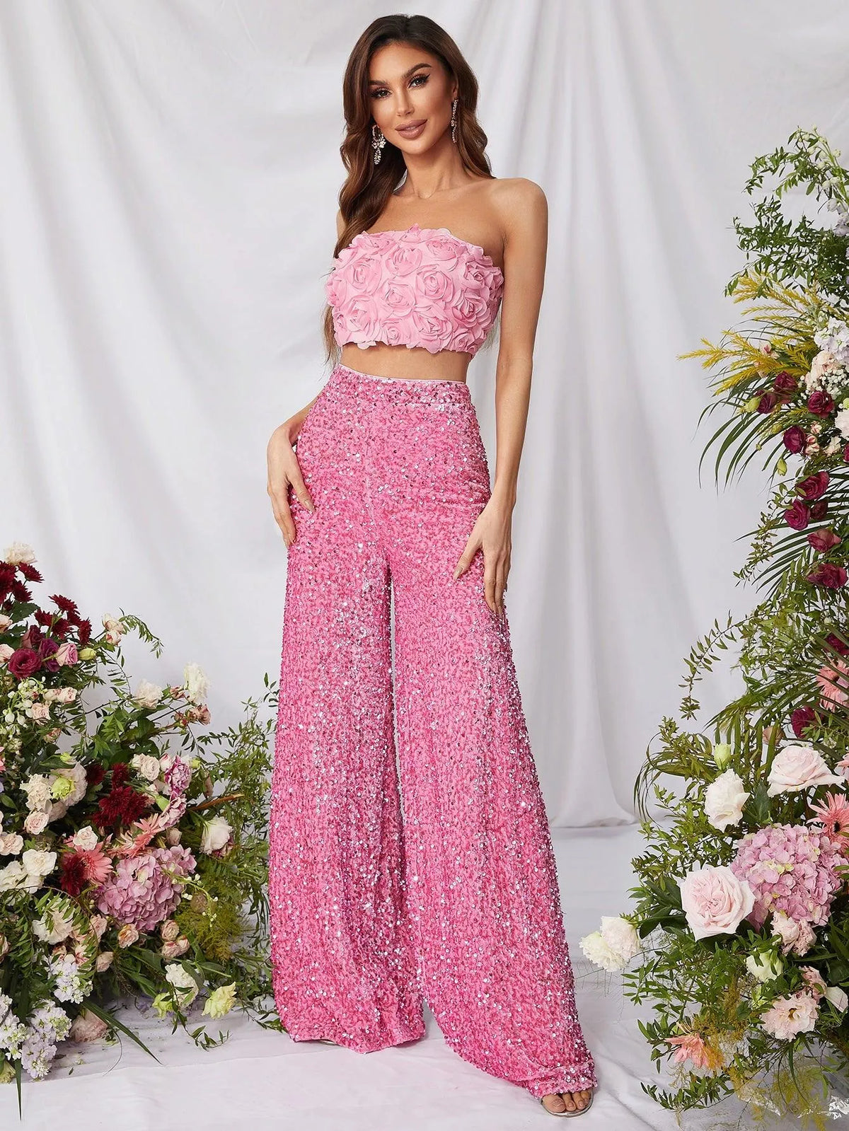 Fancy Two Piece Sequin Sets Top With 3D Flower - Elonnashop