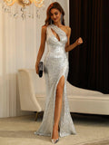 One Shoulder Split Thigh Sparkly Party Dress - Elonnashop