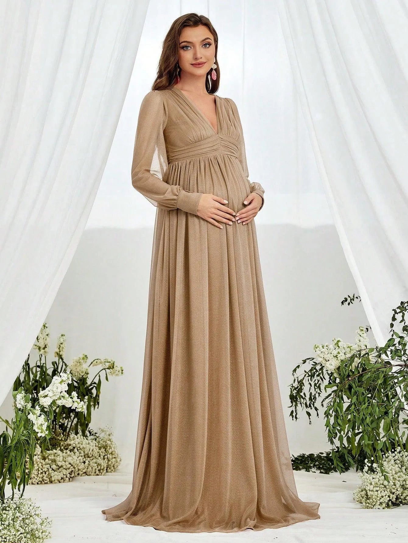 Maternity V Neck Lantern Sleeve A Line Dress - Elonnashop