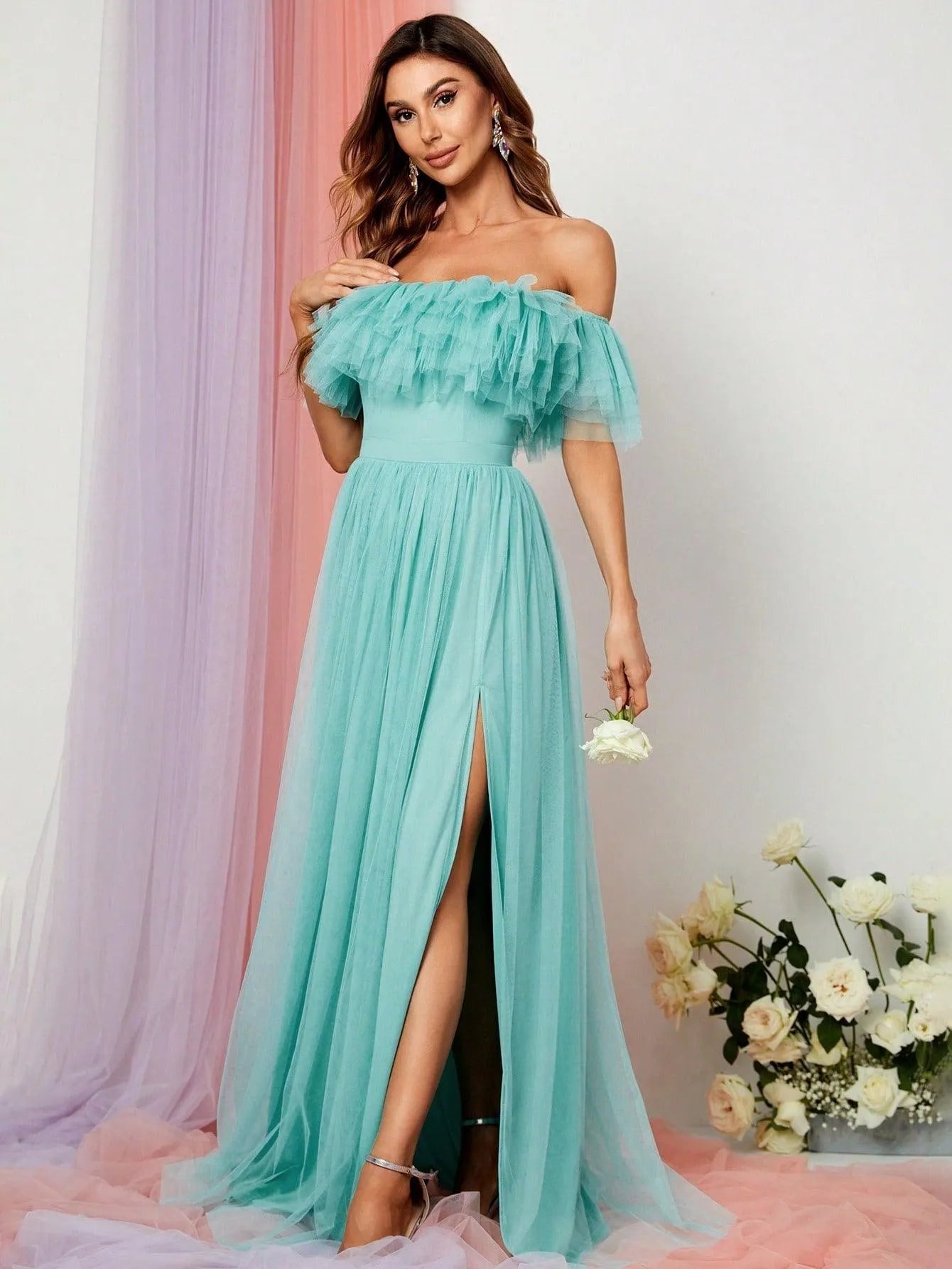 Off Shoulder Ruffle Trim Split Thigh A Line Dress - Elonnashop