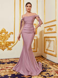 Off Shoulder Knot Side Ruched Front Mermaid Dress - Elonnashop