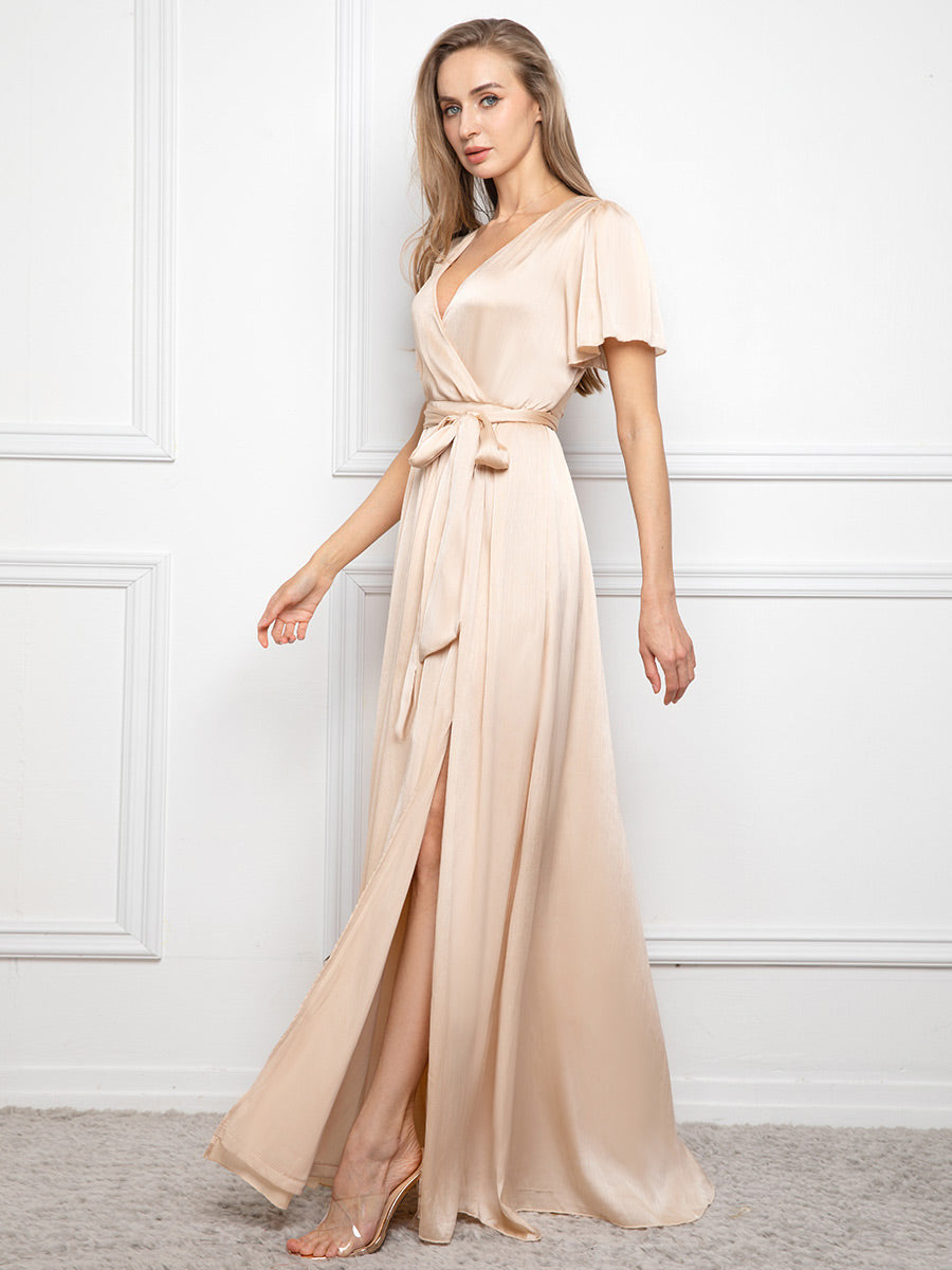 Elegant V Neck Short Sleeve Champagne Satin Dress