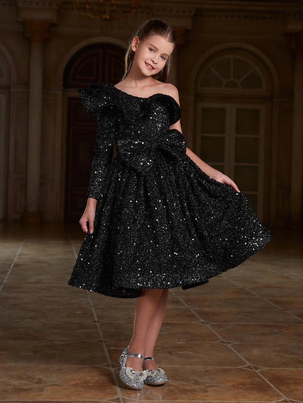 Tween Girls' One Shoulder Layered Ruffle Trim Sequin Party Dress - Elonnashop