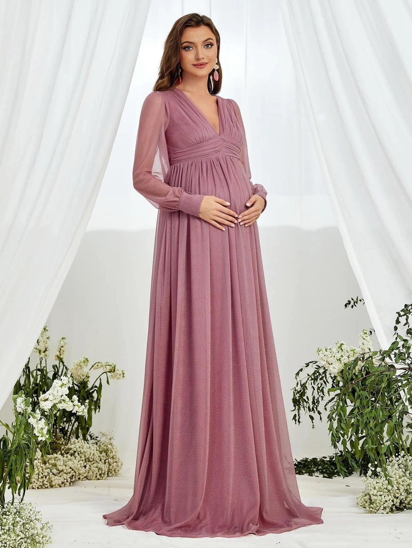 Maternity V Neck Lantern Sleeve A Line Dress - Elonnashop