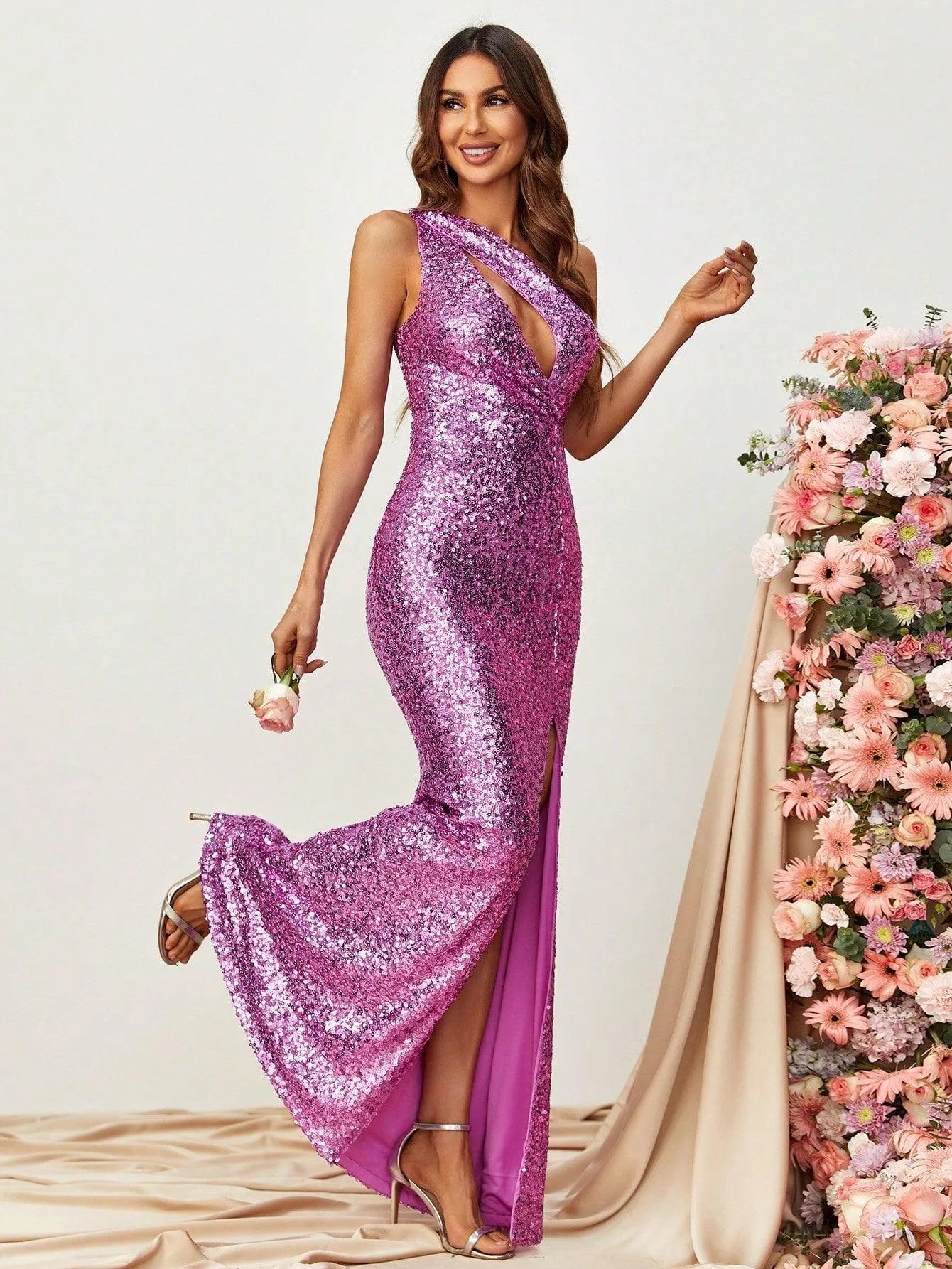 One Shoulder Split Thigh Sparkly Party Dress - Elonnashop