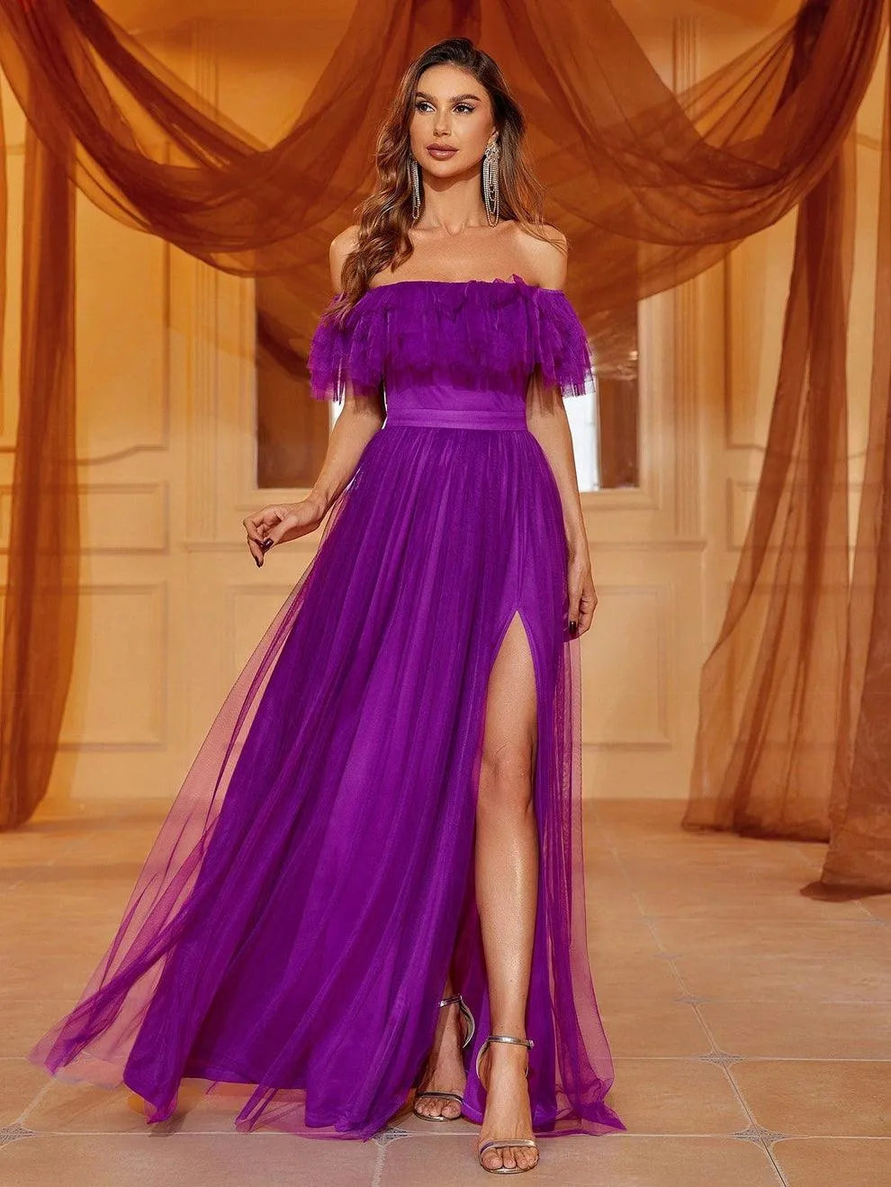 Off Shoulder Ruffle Trim Split Thigh A Line Dress - Elonnashop
