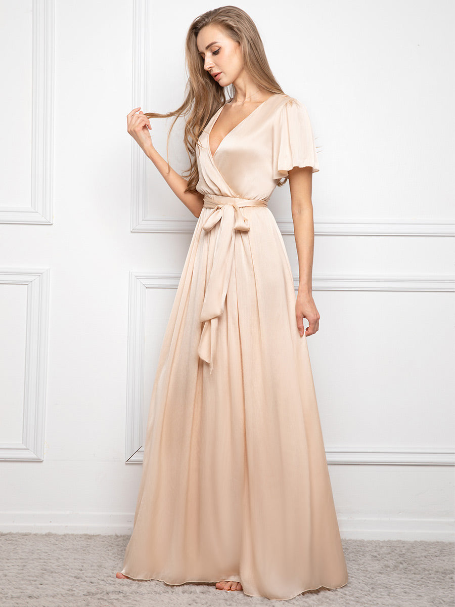 Elegant V Neck Short Sleeve Champagne Satin Dress