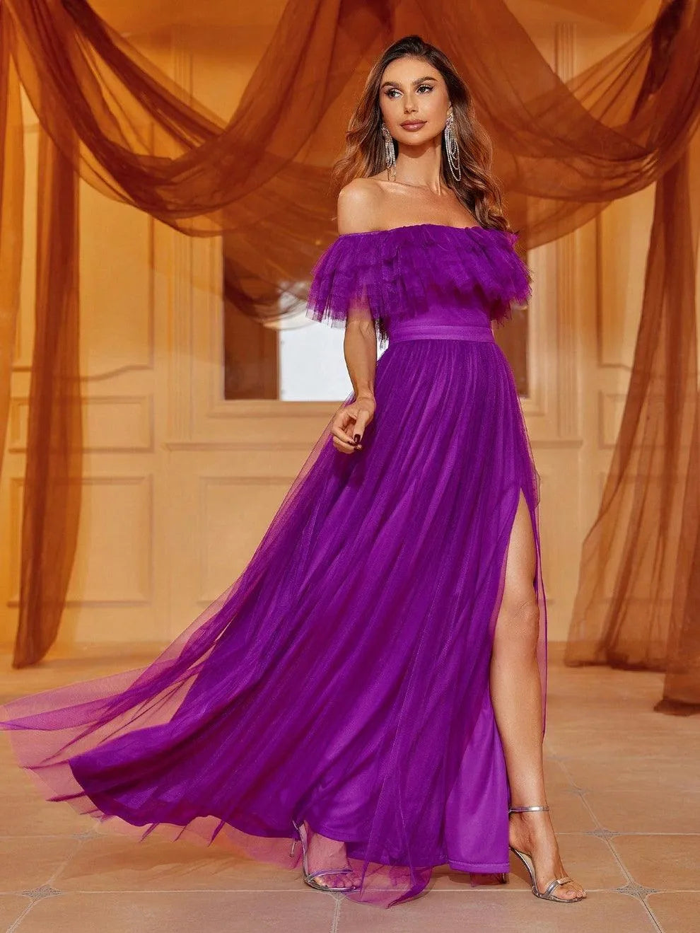 Off Shoulder Ruffle Trim Split Thigh A Line Dress - Elonnashop