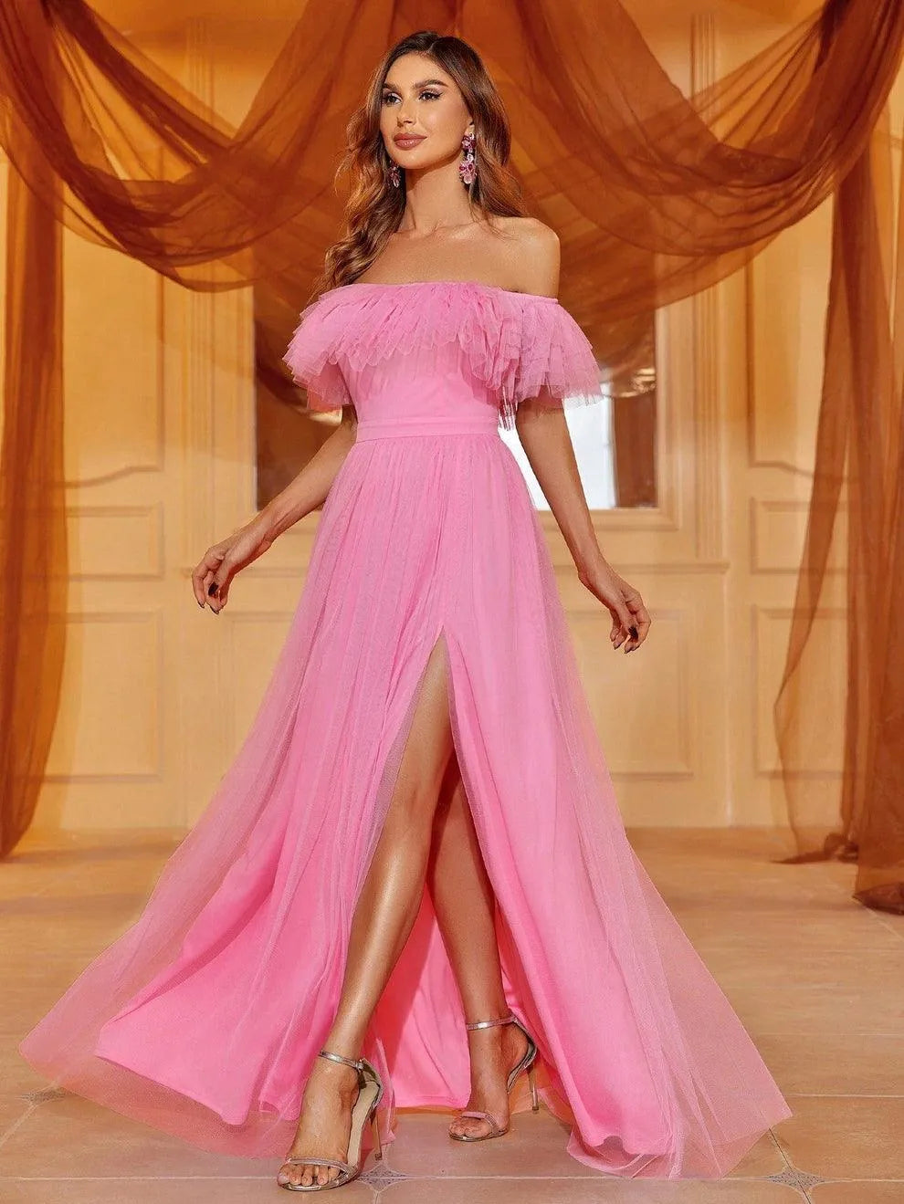 Off Shoulder Ruffle Trim Split Thigh A Line Dress - Elonnashop