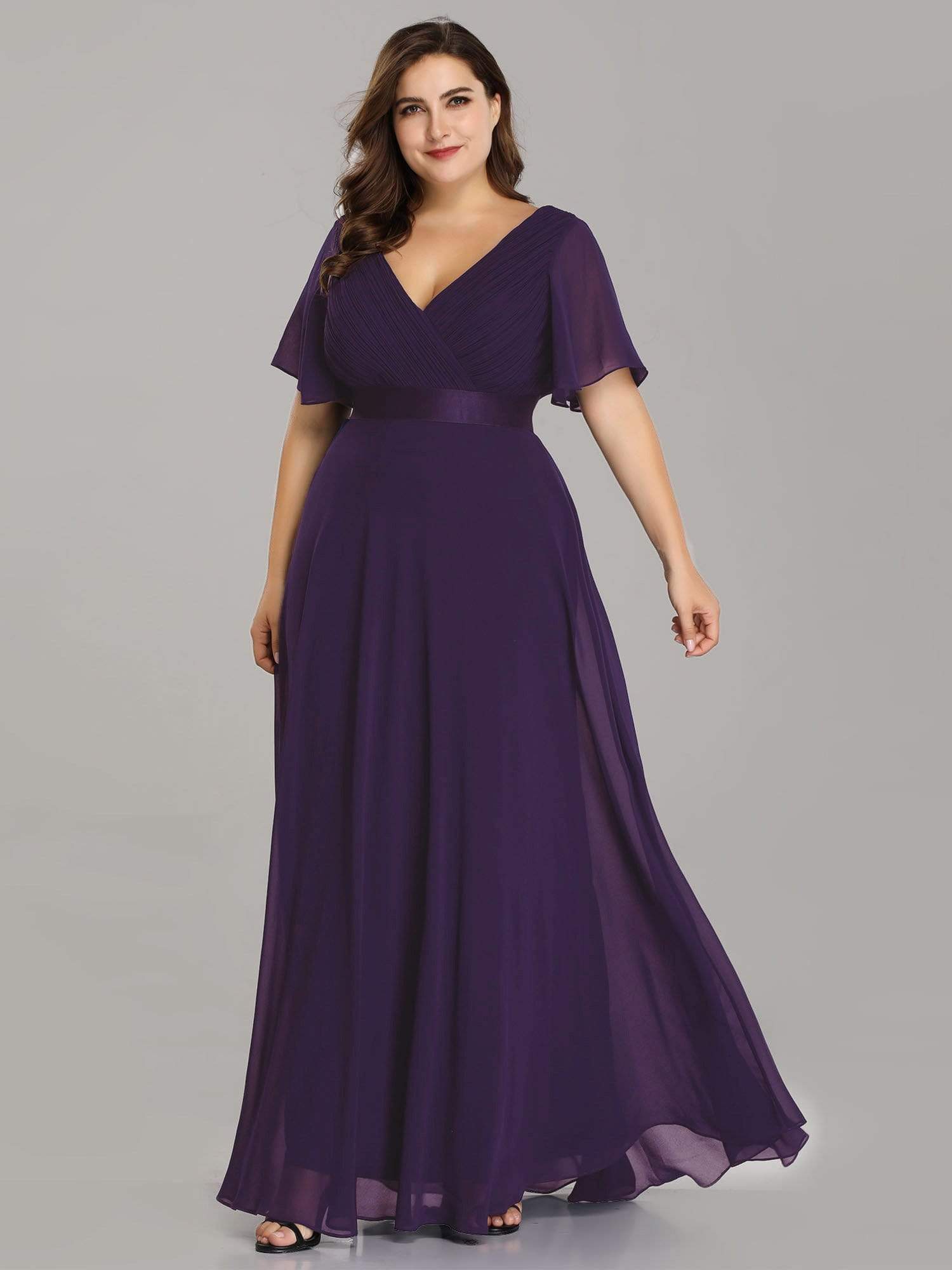 Plus Size Empire Waist Evening Dress with Short Sleeves-Poschic