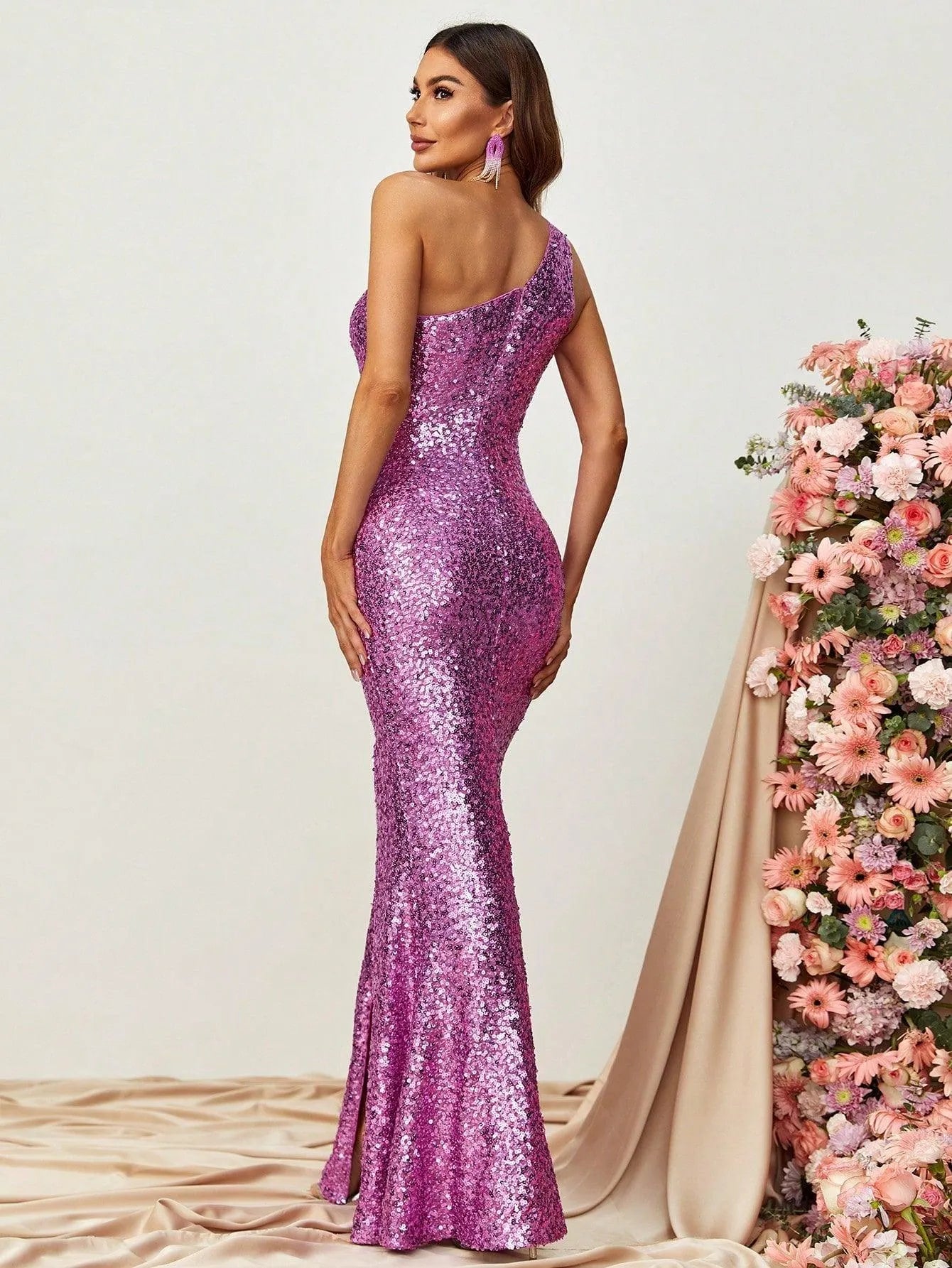 One Shoulder Split Thigh Sparkly Party Dress - Elonnashop