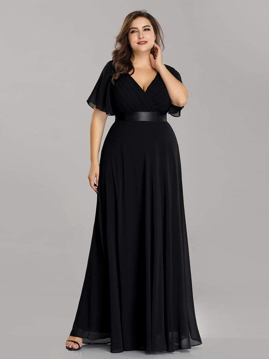 Plus Size Empire Waist Evening Dress with Short Sleeves-Poschic