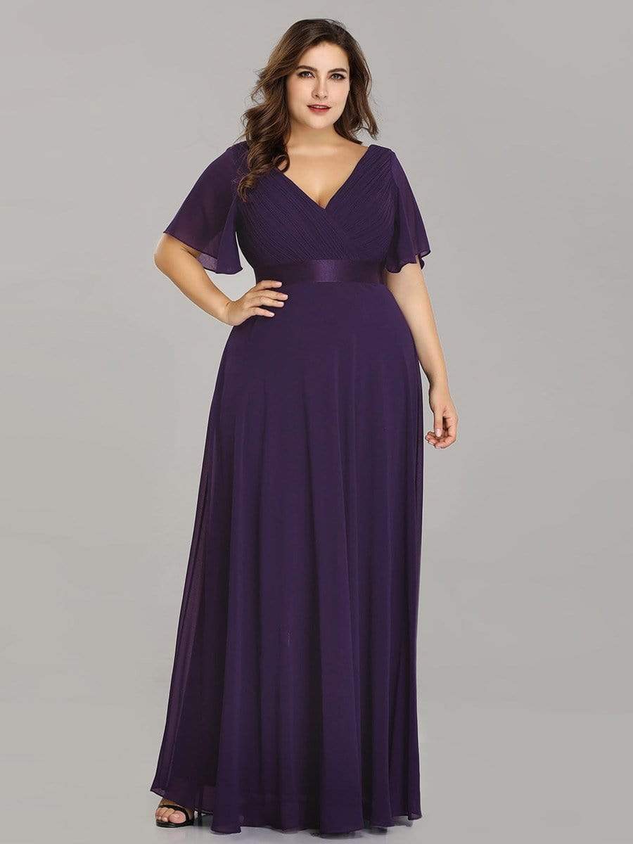 Plus Size Empire Waist Evening Dress with Short Sleeves-Poschic