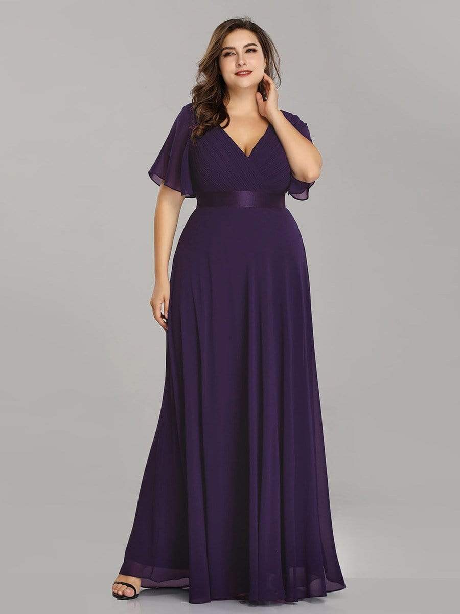 Plus Size Empire Waist Evening Dress with Short Sleeves-Poschic