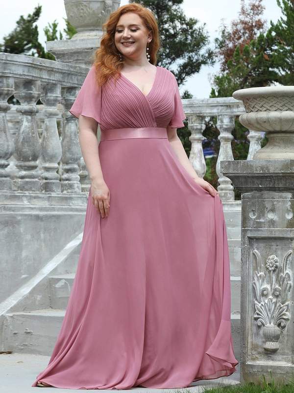 Plus Size Empire Waist Evening Dress with Short Sleeves