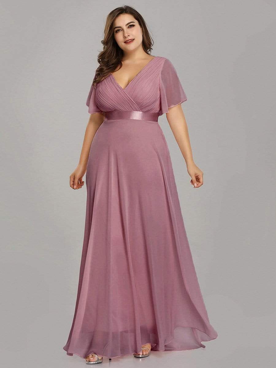 Plus Size Empire Waist Evening Dress with Short Sleeves-Poschic