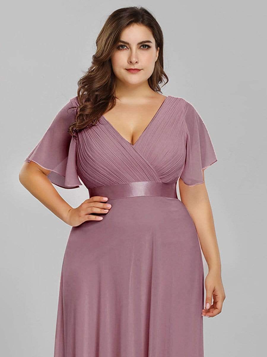 Plus Size Empire Waist Evening Dress with Short Sleeves-Poschic