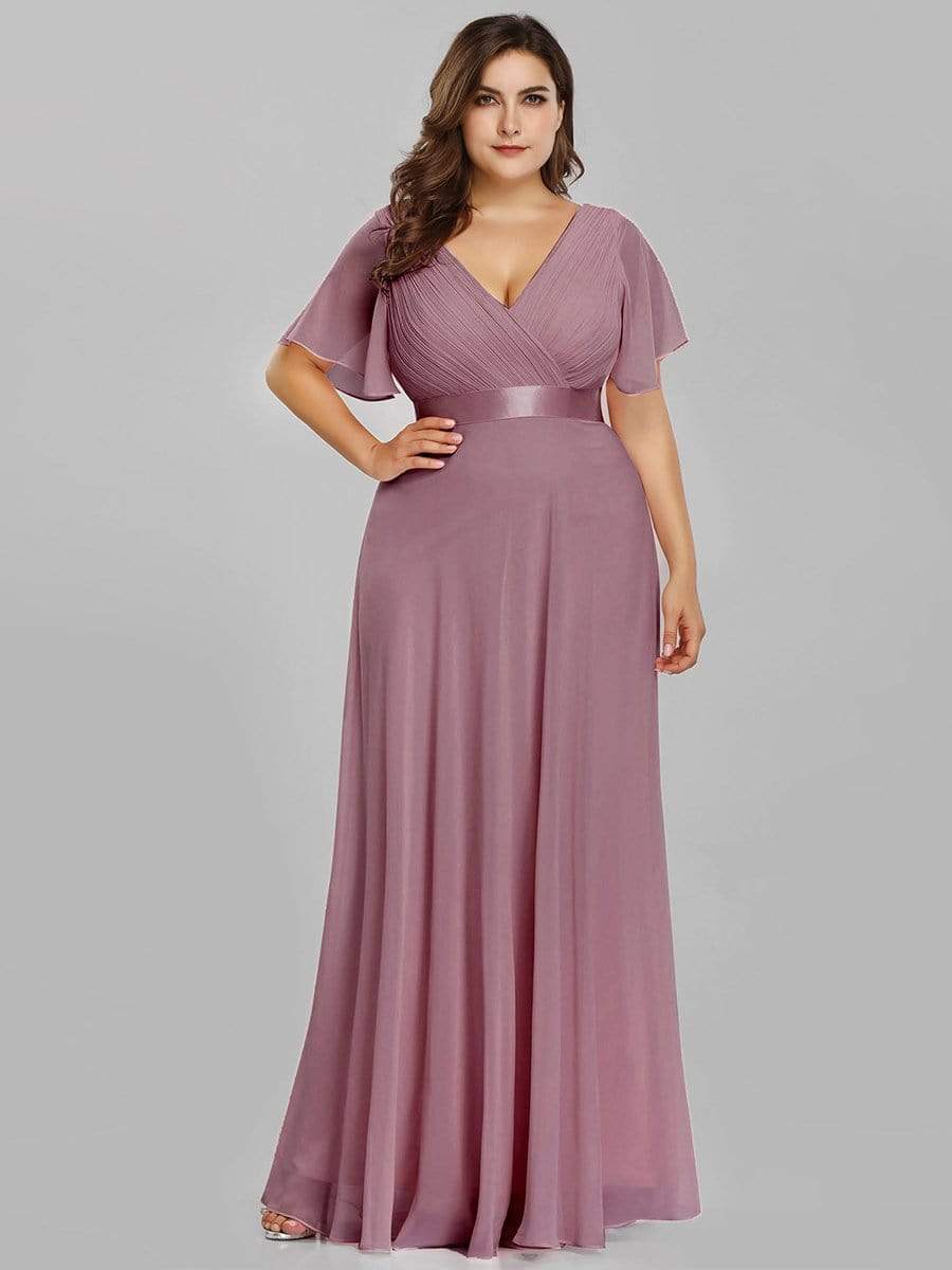 Plus Size Empire Waist Evening Dress with Short Sleeves-Poschic