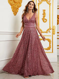 Elegant Deep V Neck Sequin A Line Prom Dresses - Elonnashop
