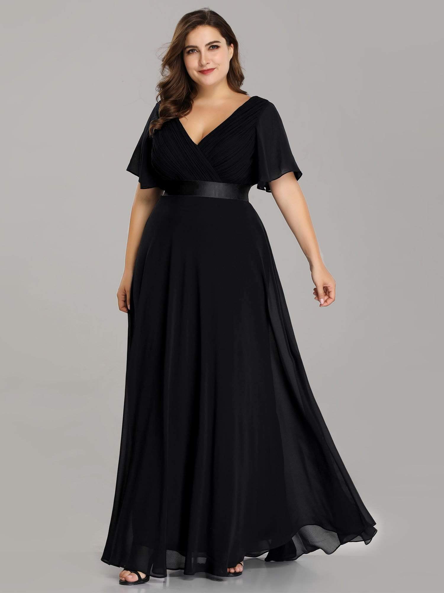 Plus Size Empire Waist Evening Dress with Short Sleeves-Poschic