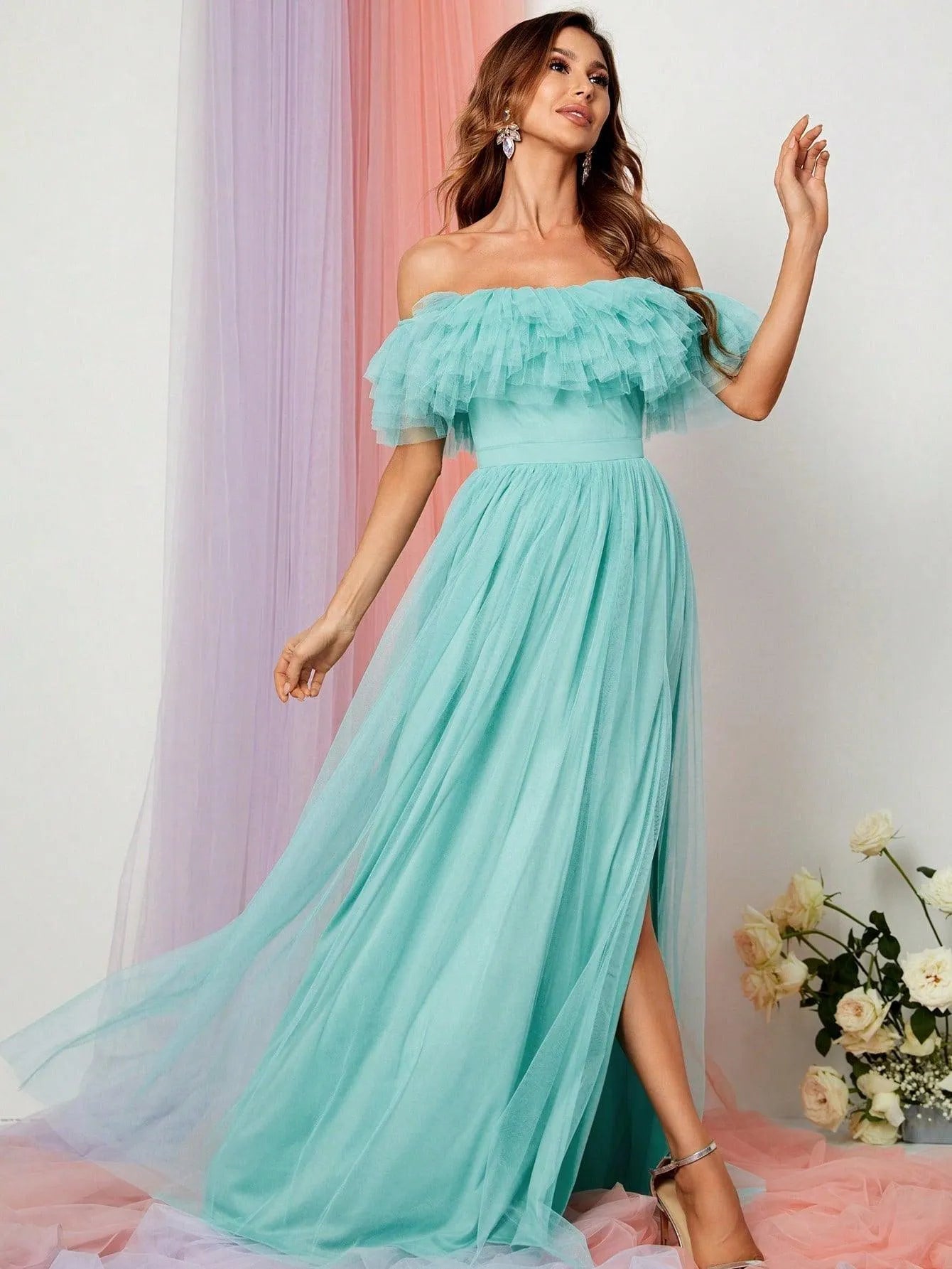 Off Shoulder Ruffle Trim Split Thigh A Line Dress - Elonnashop