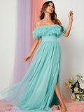 Off Shoulder Ruffle Trim Split Thigh A Line Dress - Elonnashop