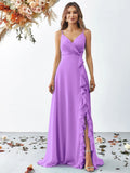 Elegant V Neck Sleeveless Ruffle Slit Chiffon A Line Dresses - Elonnashop