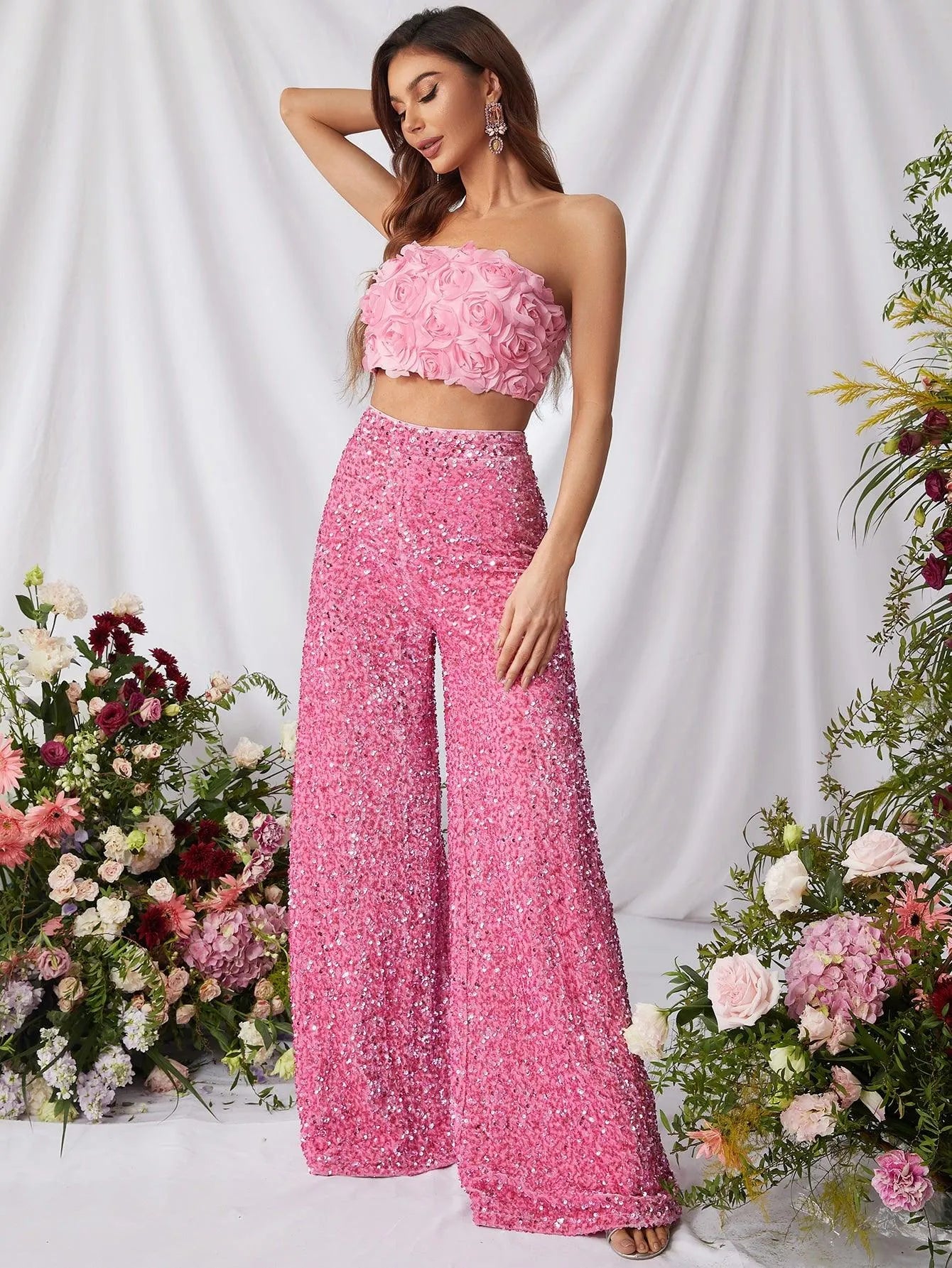 Fancy Two Piece Sequin Sets Top With 3D Flower - Elonnashop