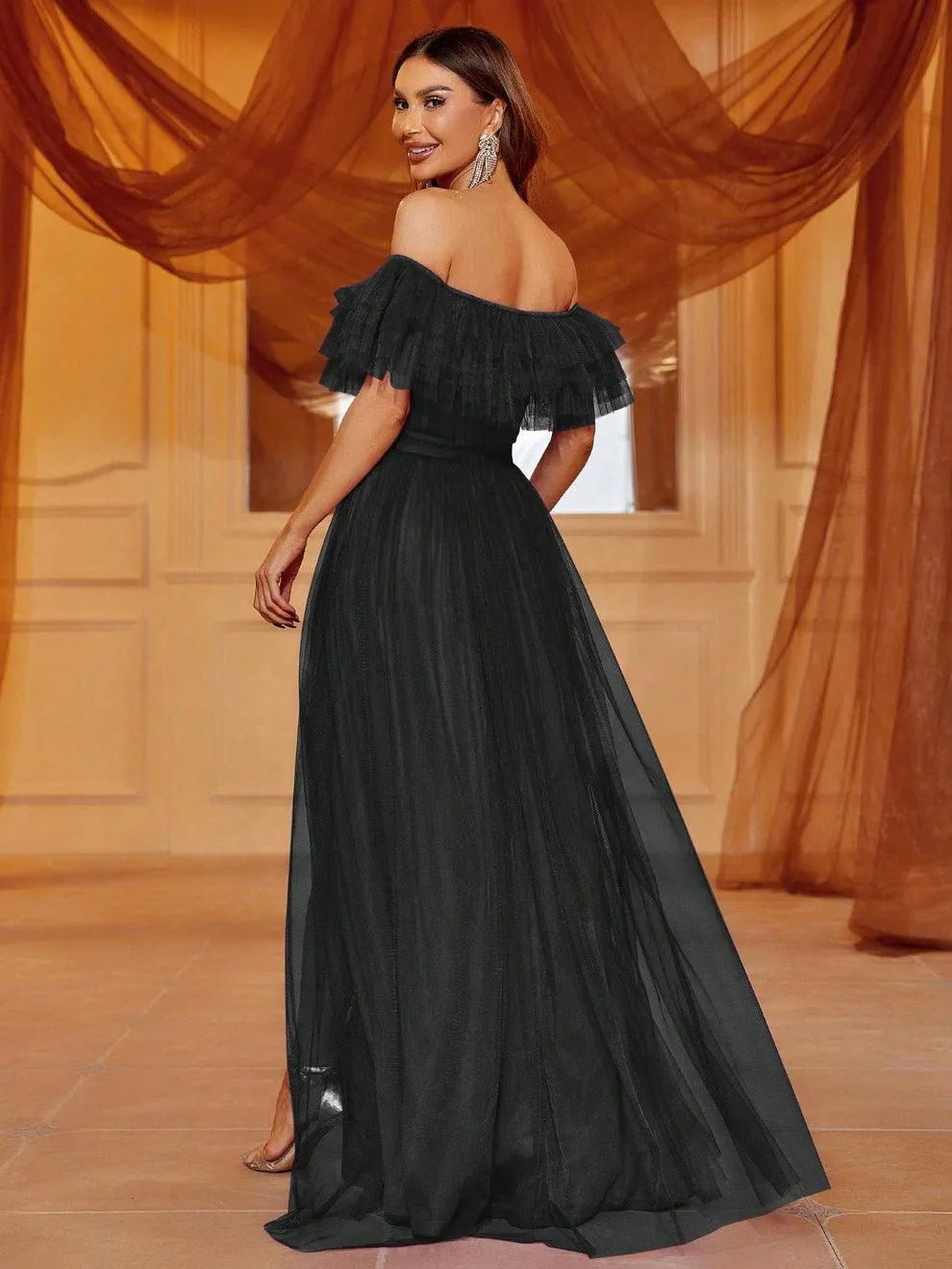 Off Shoulder Ruffle Trim Split Thigh A Line Dress - Elonnashop