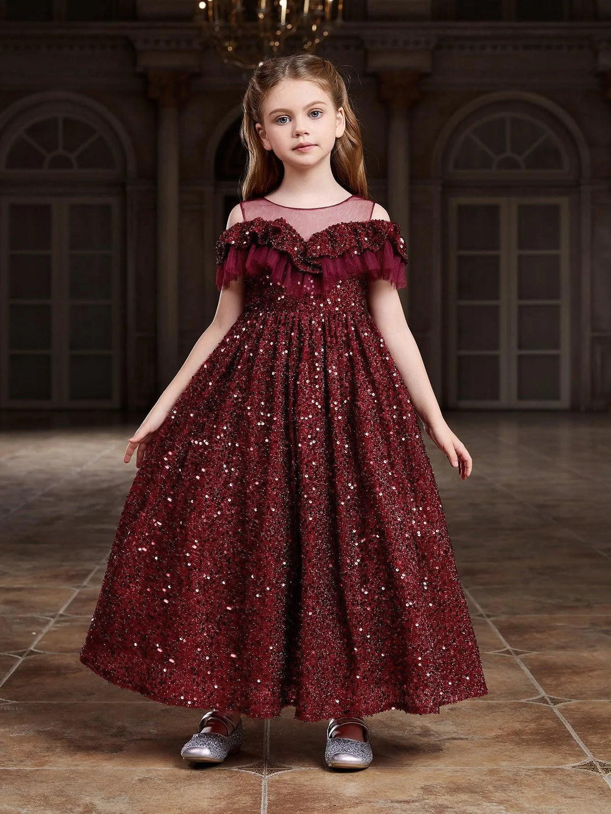 Tween Girls' Ruffle Trim Mesh Insert Sequin Prom Dress - Elonnashop