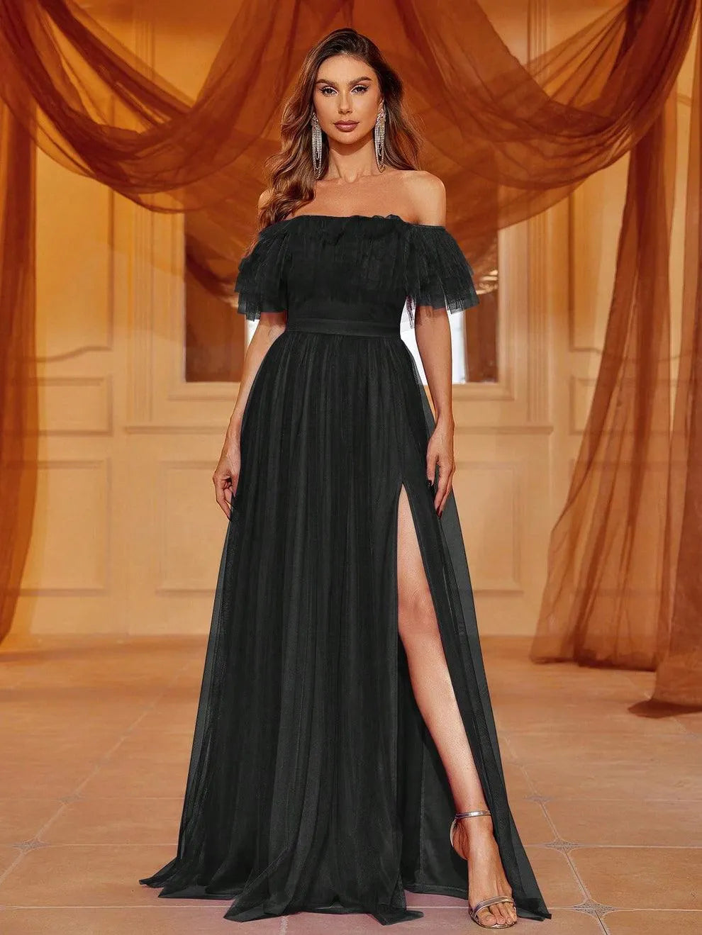 Off Shoulder Ruffle Trim Split Thigh A Line Dress - Elonnashop