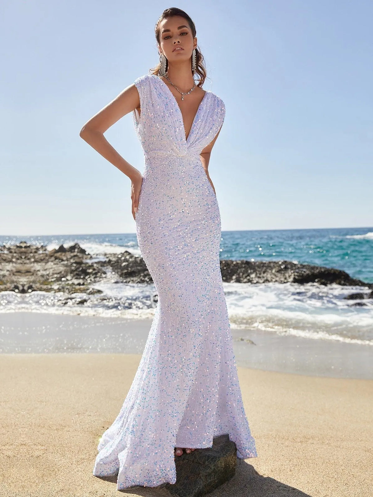 Twist Front Mermaid Hem Sequin Prom Dress - Elonnashop