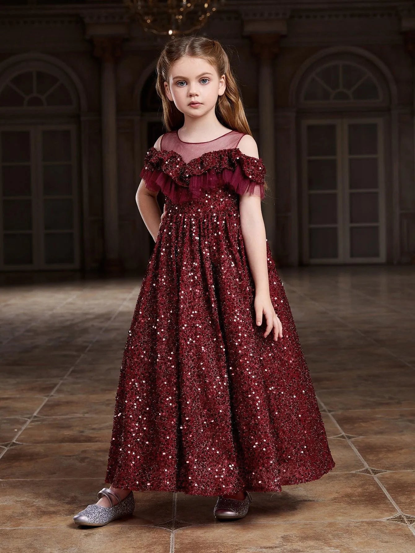 Tween Girls' Ruffle Trim Mesh Insert Sequin Prom Dress - Elonnashop